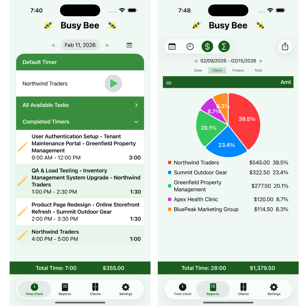 Busy Bee Time Tracker Screens